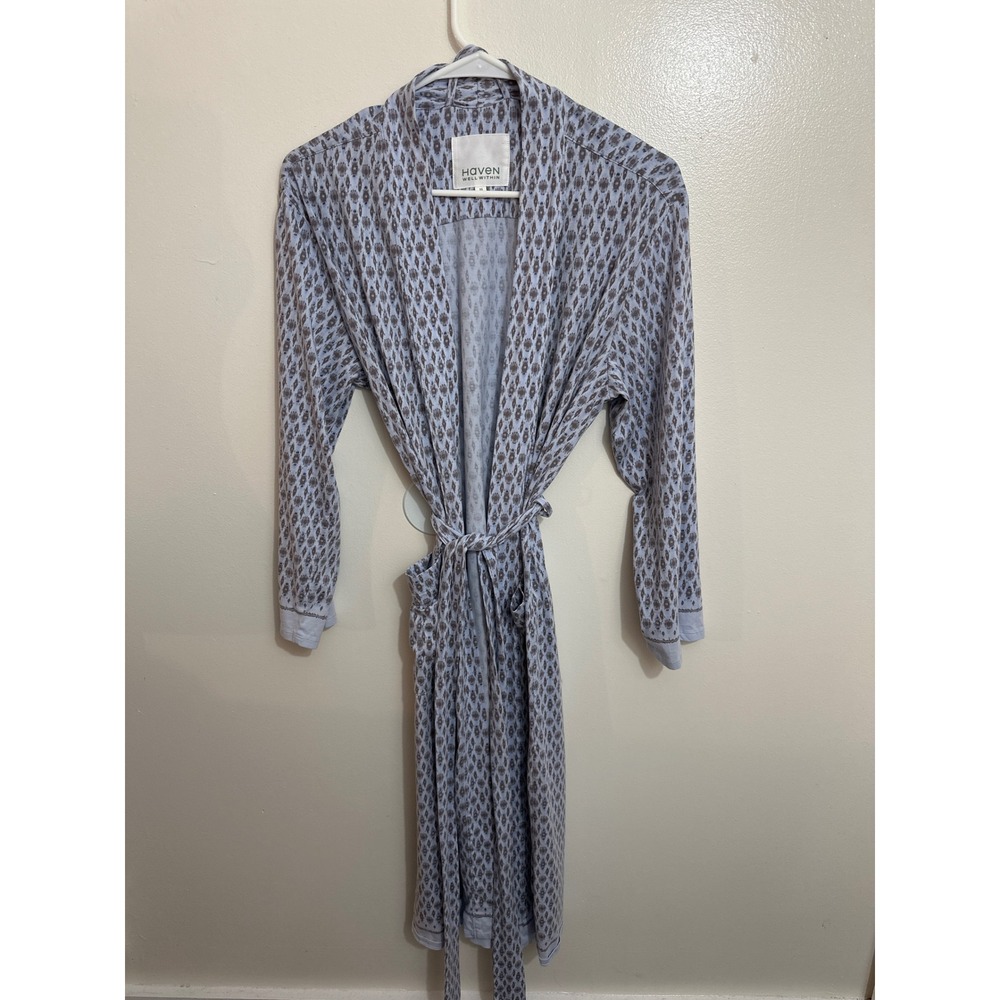 Haven Well Within Womens Blue Ikat Print Knit Long Robe Wrap Loungewear Small